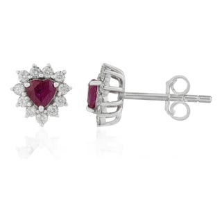 Heart-Cut Ruby & Diamond Floral Halo Stud Earrings in 14k White Gold- A Pair For Sale