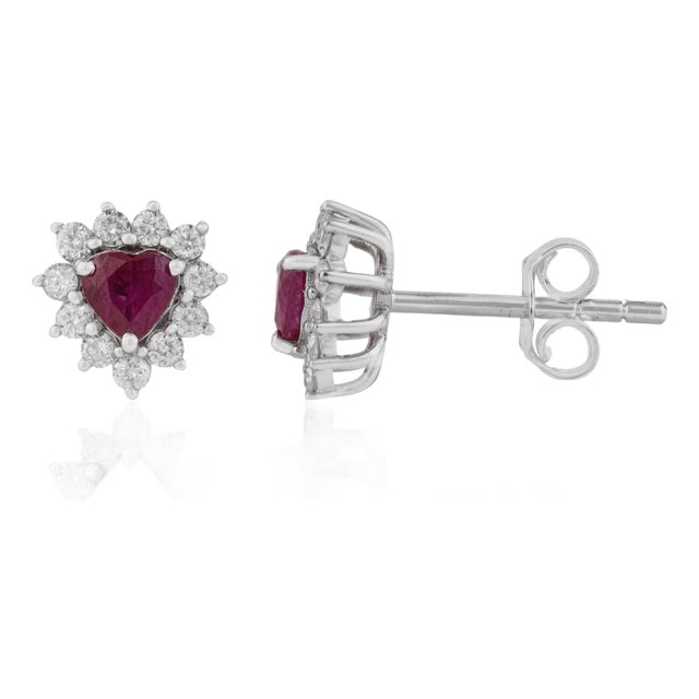 Heart-Cut Ruby & Diamond Floral Halo Stud Earrings in 14k White Gold- A Pair For Sale