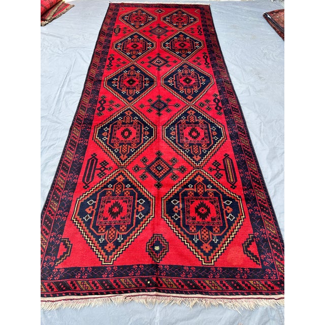 Tribal Turkmen Tribal Red Afghan Hand-Knotted Wool Runner - 5'1" X 13' For Sale - Image 3 of 11