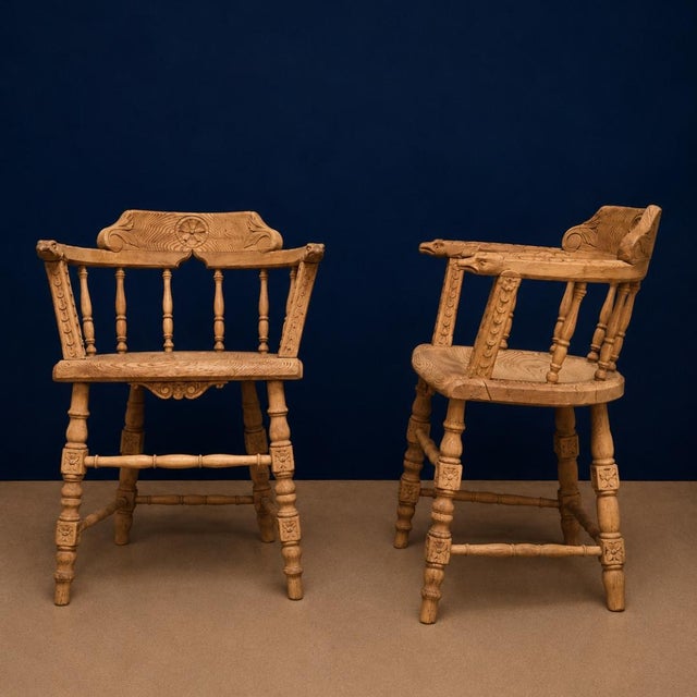 Victorian 19th Century Victorian English Oak Smoker Chair (Set of 2) For Sale - Image 3 of 7
