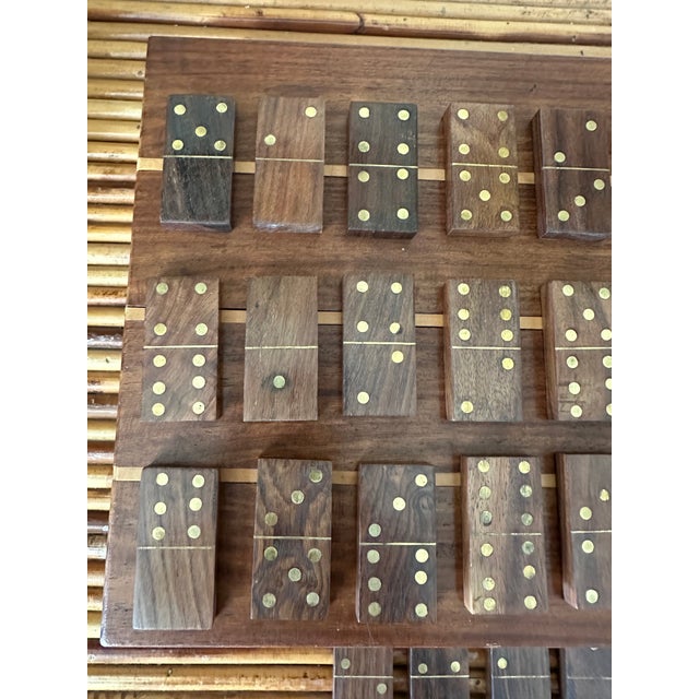 Vintage Mid-Century Inlaid Wood & Brass Tabletop Game Set Backgammon, Chess, Dominoes, Dice , Made in England For Sale - Image 10 of 17