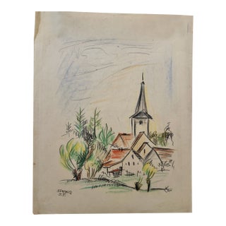 Henry Emil Salloch Original Watercolor on Paper Charming Village, 1935. For Sale