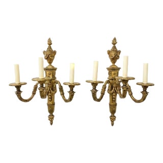 1920 Caldwell Gild Bronze Sconces 3 Lights Louis XVI Style - a Pair For Sale