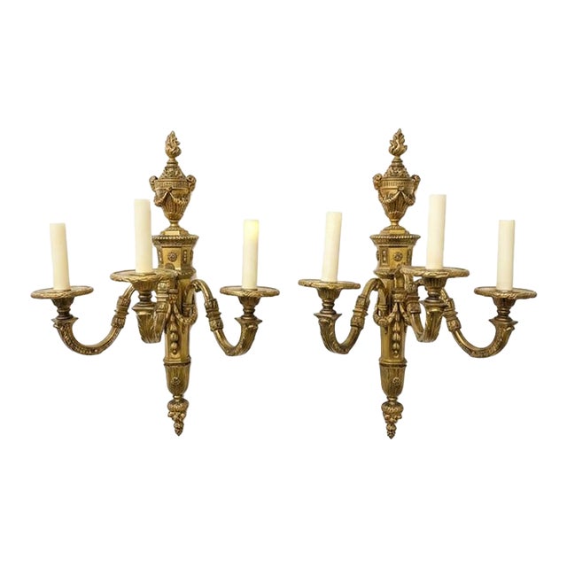 1920 Caldwell Gild Bronze Sconces 3 Lights Louis XVI Style - a Pair For Sale