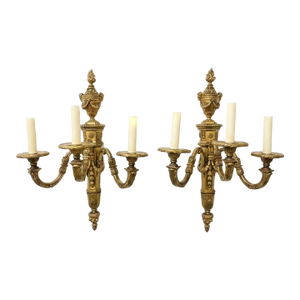 1920 Caldwell Gild Bronze Sconces 3 Lights Louis XVI Style - a Pair