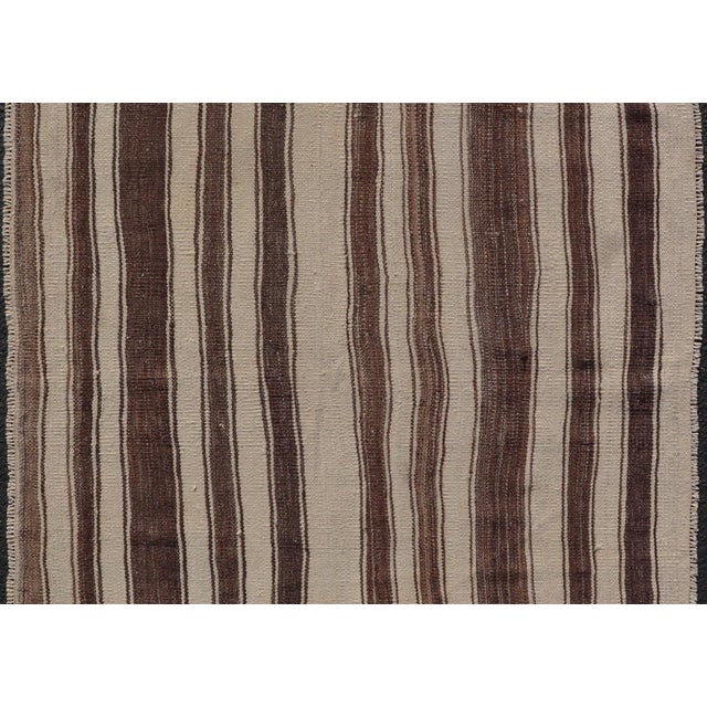 Traditional Vintage Turkish Kilim Rug in Ivory and Deep Brown Striped Design For Sale - Image 3 of 10