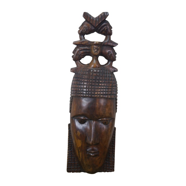 African Vintage African Tribal Carved Matriarch Family Face Head Mask 26" For Sale - Image 3 of 14