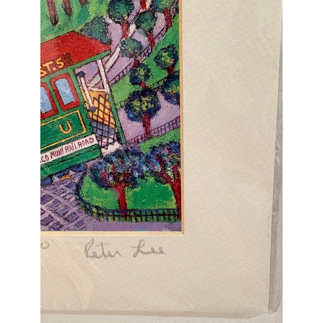 1990s Signed Peter Lee "Cable Car San Francisco" Framed Miniature Print, Blue Wood Frame For Sale - Image 10 of 13
