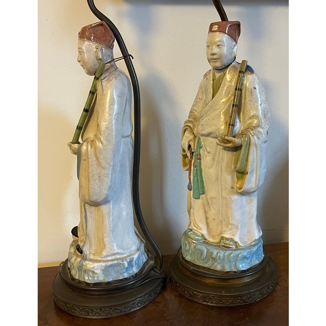Antique Early 20th Century Chinese Pottery Figures of Musician Attendants With Flutes Mounted as Table Lamps - A Pair For Sale In New York - Image 6 of 9