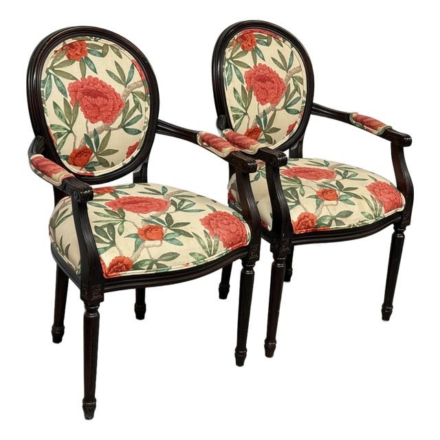 Ballard Designs Oval Back Louis XVI Arm Chairs, Pair For Sale