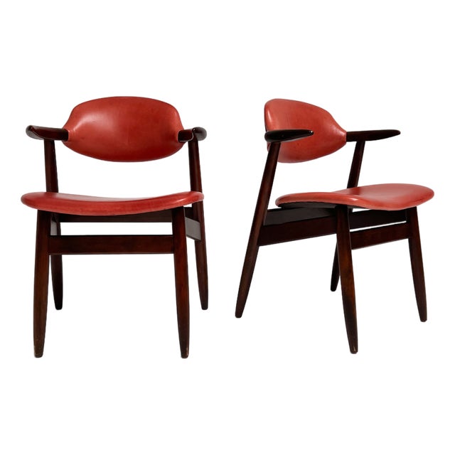 Red Colored Leather Cowhorn Chair, 1970s For Sale