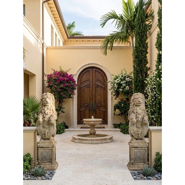 A Pair of Antique English Cast Stone Heraldic Lion Guardians on Pedestals For Sale In West Palm - Image 6 of 9