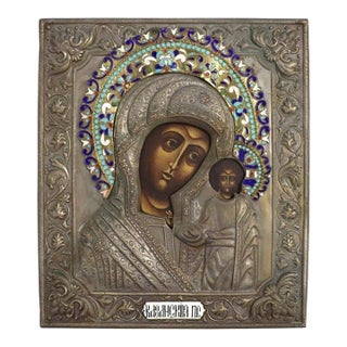 Sterling Silver & Cloisonne Enameled Russian Icon Kazanstaya Mother of God C1900 For Sale