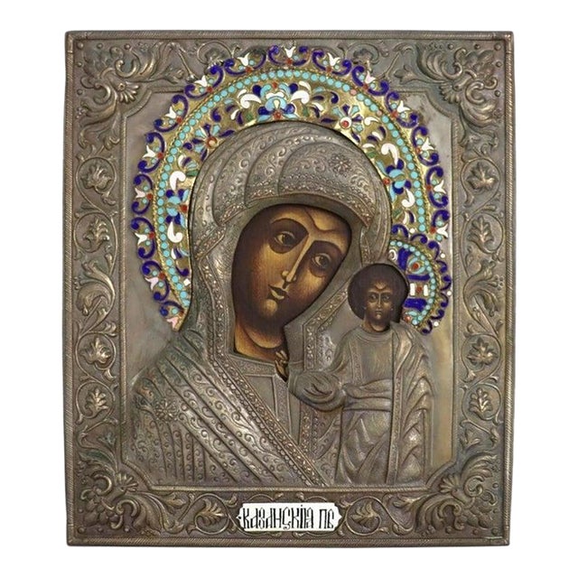 Sterling Silver & Cloisonne Enameled Russian Icon Kazanstaya Mother of God C1900 For Sale