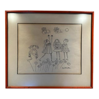 Krystyna Sadowska, Mid Century Drawing of Girls With Flowers, Framed For Sale
