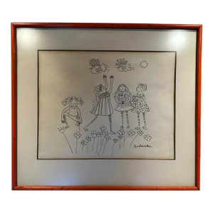 Krystyna Sadowska, Mid Century Drawing of Girls With Flowers, Framed