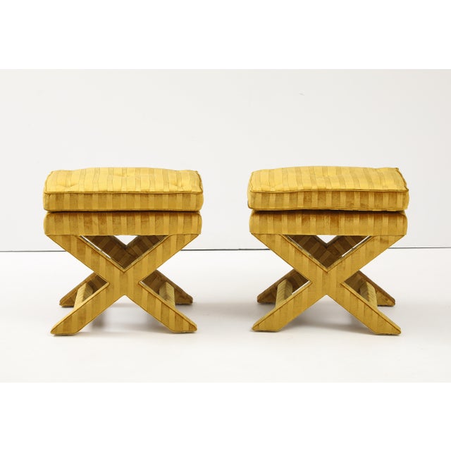 Milo Baughman 1970's X Base Ottomans in Velvet Upholstery Attributed to Milo Baughman For Sale - Image 4 of 11