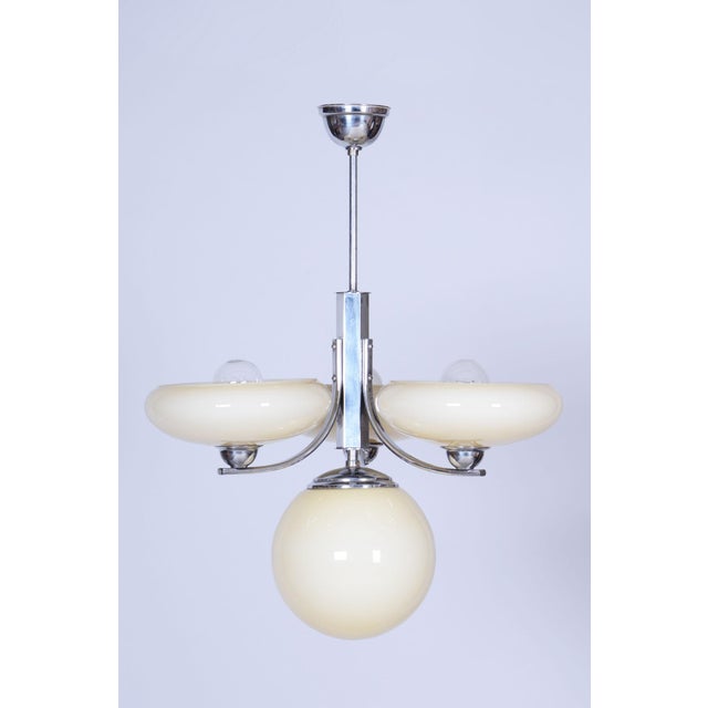 Art Deco Chandelier in Chrome-Plated Steel and Opal Glass, Czech, 1920s For Sale - Image 6 of 10