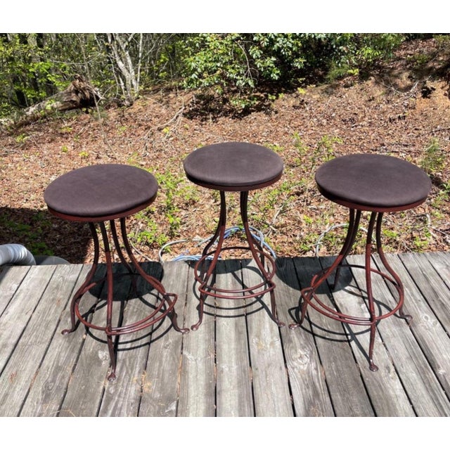Modern Charleston Forge Patinated Wrought Iron Swivel Counter Bar Stools, Set of 3 For Sale - Image 3 of 12