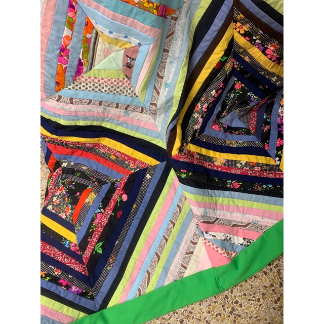 Vintage 1960’s to 1960’s handcrafted Diamonds String quilt bed top multicolor approximately 116“ W x 107” L/ king A...