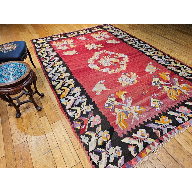 Vintage Caucasian Karabagh Kilim, Handwoven Floral Pattern, Red & Black, 7x10 For Sale - Image 12 of 12