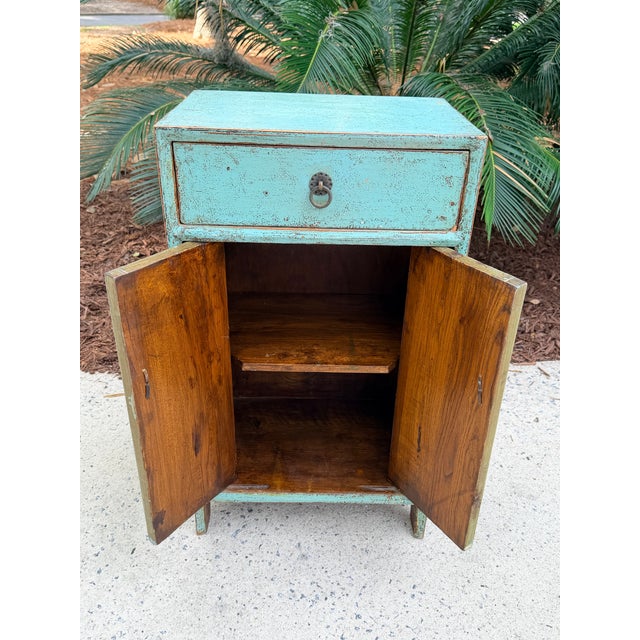 Wood Distressed Turquoise One Drawer Small End Table Nightstand Cabinet For Sale - Image 7 of 12