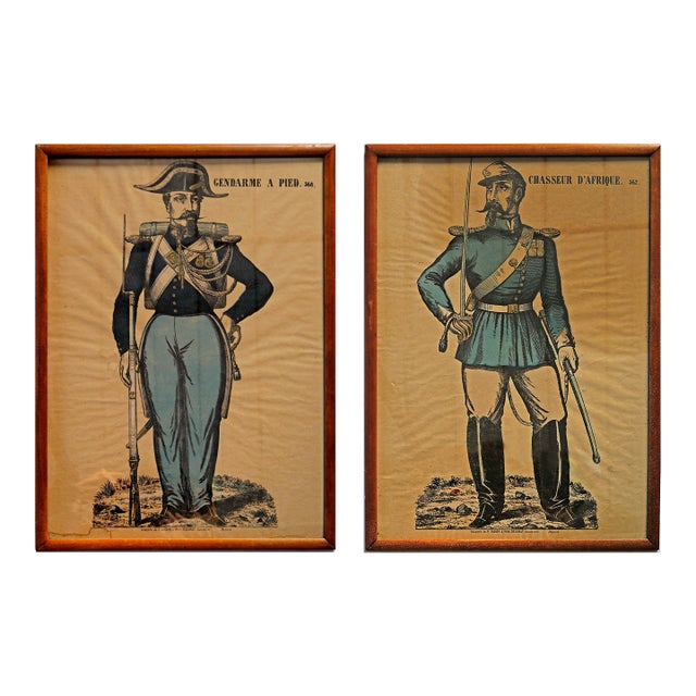 Antique French Soldier Prints - A Pair, Framed For Sale