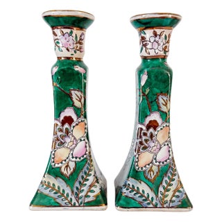 Vintage Chinese Famille Verte Floral Porcelain Candlesticks - A Pair For Sale
