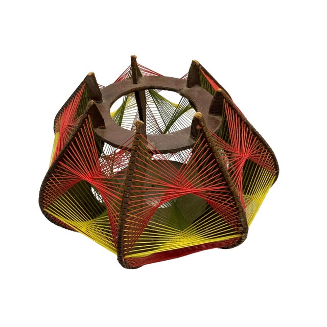 1970s Vintage String Art Pendant, Wood, Cotton in Orange/Red, Green, Yellow, 1970s For Sale - Image 5 of 9