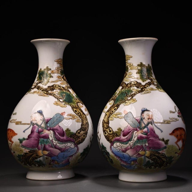 Pair of Vintage Famille Rose Porcelain Vases With Figural & Deer Motifs For Sale - Image 4 of 10