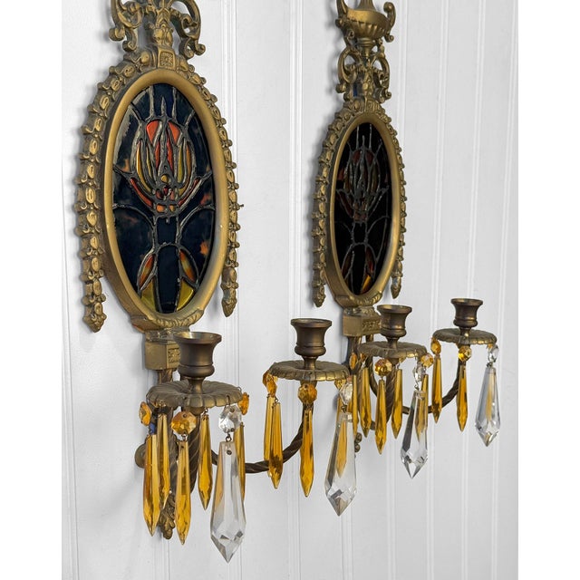 1920s Antique Empire Brass & Stained Glass Crystal Prism Candle Wall Sconces - A Pair For Sale - Image 5 of 11