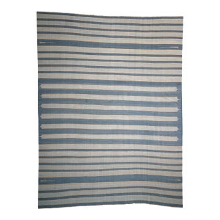 Vintage Dhurrie Striped Square Rug in Blue, From Rug & Kilim For Sale