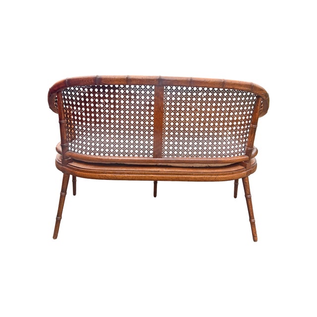 1970s Vintage Faux Bamboo Settee Sofa Bench With Rattan Cane Back For Sale - Image 5 of 9