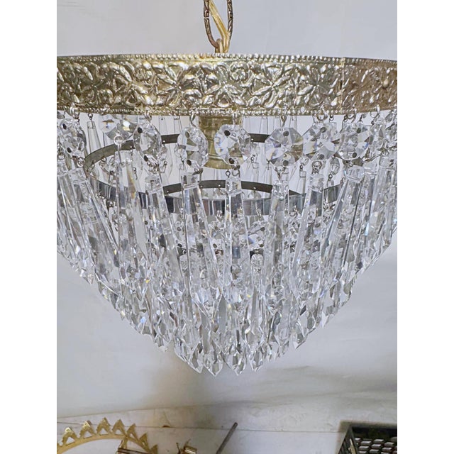 Metal Vintage Hollywood Regency loral Embossed Brass Tiered Waterfall "Wedding Cake" Crystal Chandelier For Sale - Image 7 of 8