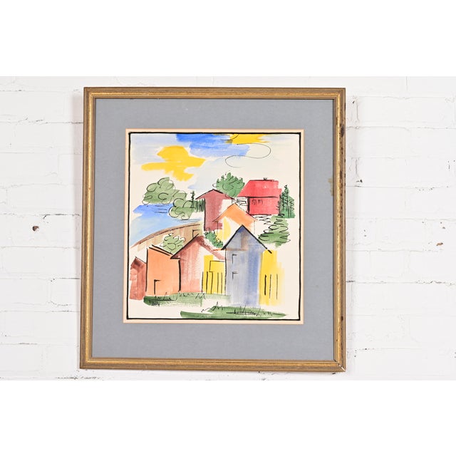 Original Artist Signed Abstract Housescape Framed Watercolor Painting For Sale - Image 10 of 10