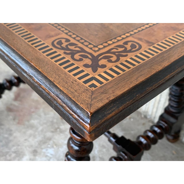 19th Century Baroque Spanish Side Table with Marquetry Top & Turned Legs For Sale - Image 4 of 18