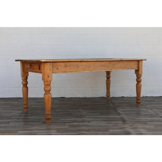Vintage 1980s English Farmhouse Solid Pine Dining Table With Drawer & Turned Legs For Sale - Image 11 of 18