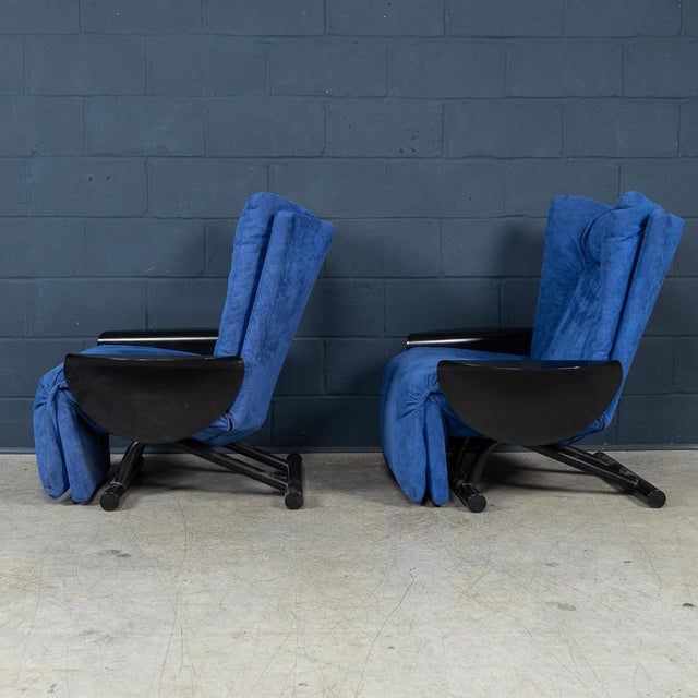20th Century Italian Blue Alcantara Leather Reclining Armchairs from Cinova,1980s, Set of 2 For Sale - Image 4 of 18