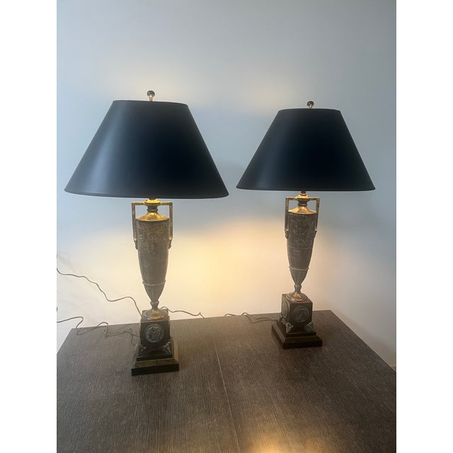 Pair of Green Bronze Urn Lamps With Patinated Finish. For Sale In Dallas - Image 6 of 12