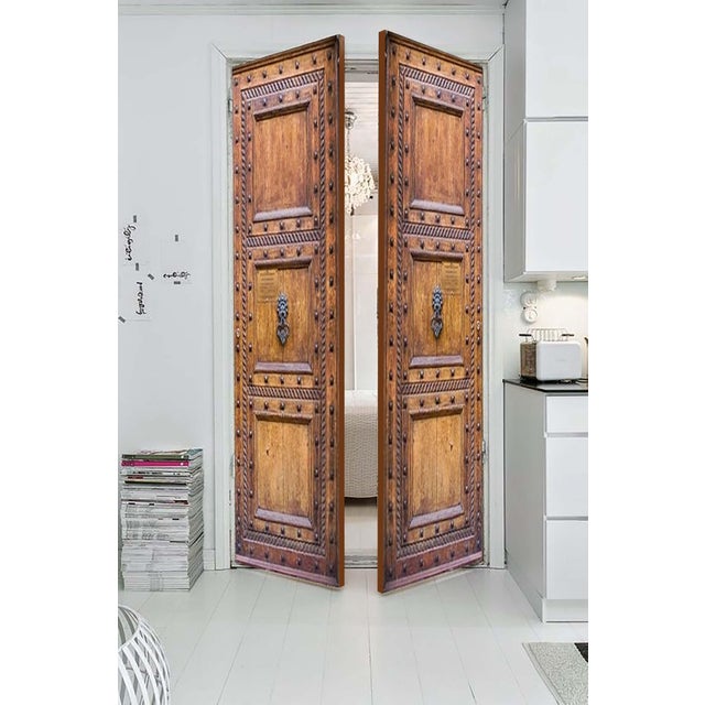 Rustic Solid Wood Entry Door With Iron Studs & Raised Panel Design Clavo Accented Door For Sale - Image 9 of 11