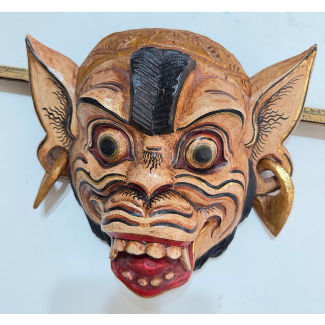 Vintage Balinese Hand-Carved & Painted Barong Monkey Wood Wall Mask For Sale In Portland, OR - Image 6 of 11