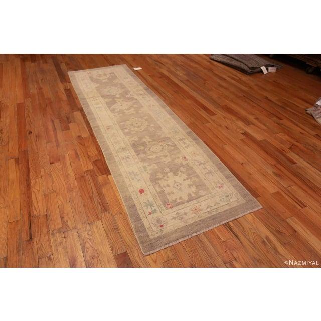 Turkish Soft Light Gray Pastel Color Tribal Geometric Turkish Oushak Design Modern Hallway Runner Rug For Sale - Image 3 of 6