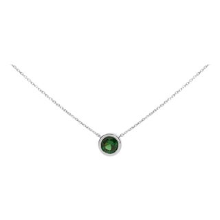 .925 Sterling Silver 7MM Bezel Set Created Green Emerald Pendant Necklace - 18" Inches For Sale
