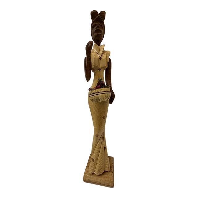 Mid-Century Modern Cuban Style Hand-Carved Wooden Female Figurine For Sale