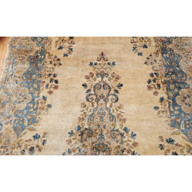 Beige Vintage Persian Kerman Rug, Hand-Knotted Wool, Floral Pattern, Ivory & Blue, 5x7 For Sale - Image 8 of 15