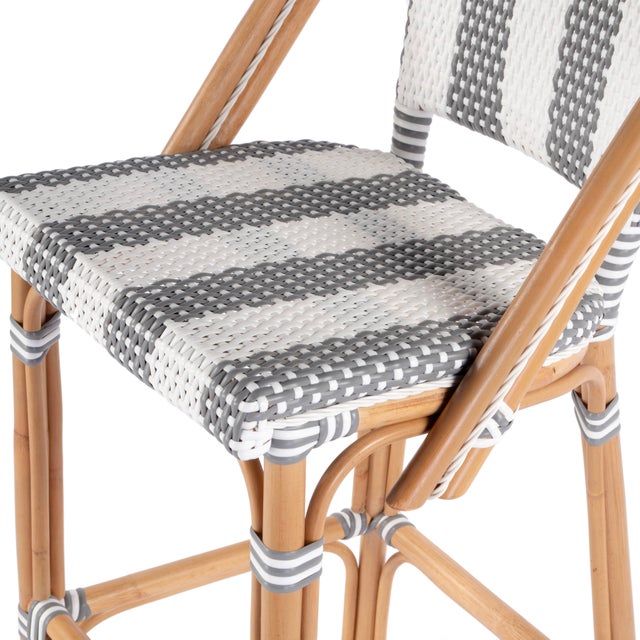 Spritely Home Accent Furniture Lila Rattan 28 in. Seat Height Bar Stool with Back and Footrest, Gray/White Stripe/ Natural Rattan Frame For Sale - Image 4 of 9
