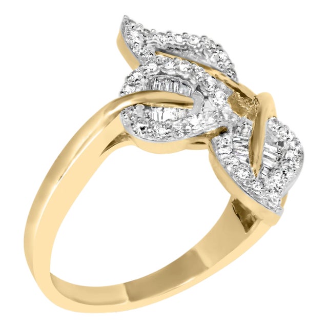10k Yellow and White Gold 1/2 Cttw Baguette and Round Diamond Bypass Triple Leaf Ring (I-J Color, I1-I2 Clarity) - Size 7 For Sale