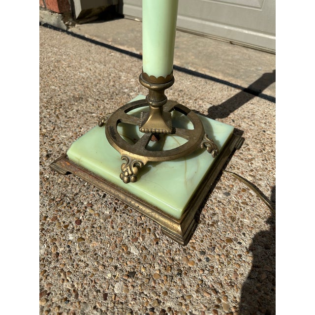 1920s Antique Art Deco Uranium Glass Jadeite Floor Lamp With Stained Glass Shade For Sale In Houston - Image 6 of 9
