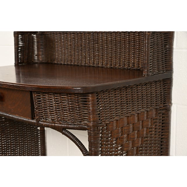 Heywood-Wakefield Antique Arts & Crafts Mission Oak & Rattan Wicker Writing Desk | Circa 1890s For Sale - Image 10 of 15