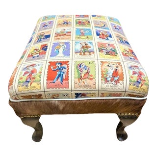 Antique Ottoman Reupholstered With Alexander Henry Loteria Fabric and Hair-On Cowhide For Sale